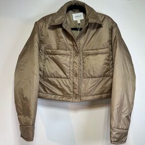 ONLY | Cropped Shiny Puffer Jacket – Tan Bomber Style Lightweight Short Coat